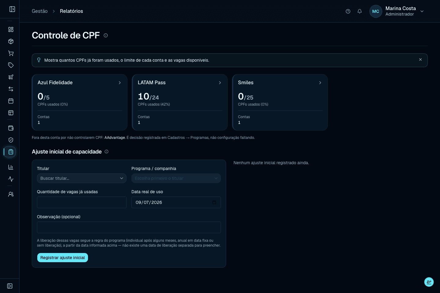 Tela real de controle de CPF do ROTA360 com contas de diferentes companhias