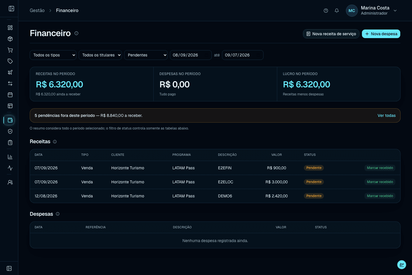 Tela real do financeiro do ROTA360 com receitas, despesas e valores a receber